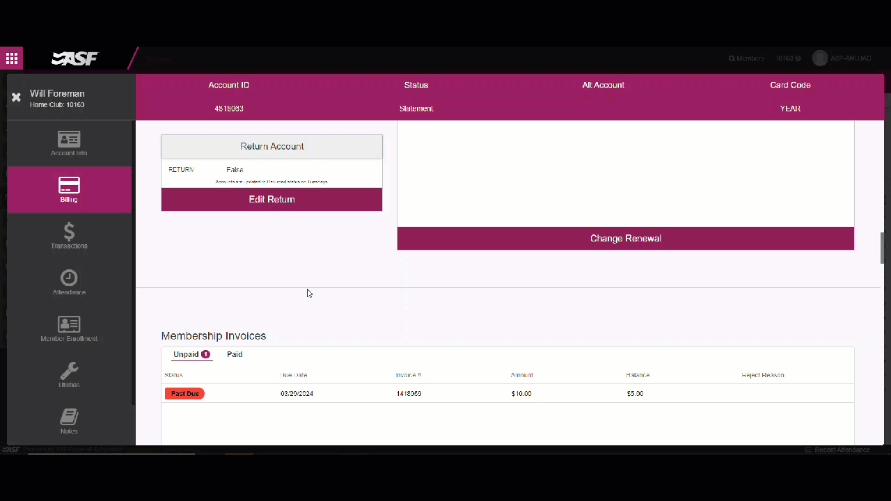 Animated walkthrough of an operator manually flagging an account for return in Member Management.