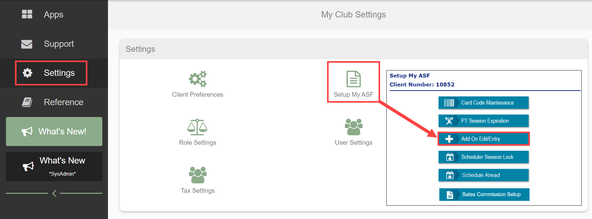 Settings to Setup My ASF navigation showing the path to Add On Edit/Entry.