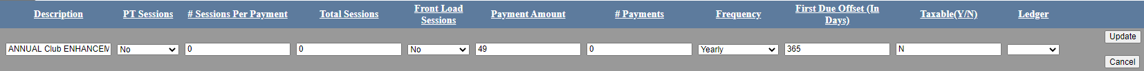 Add-on edit form with fields for sessions, payment amount, number of payments, and frequency.