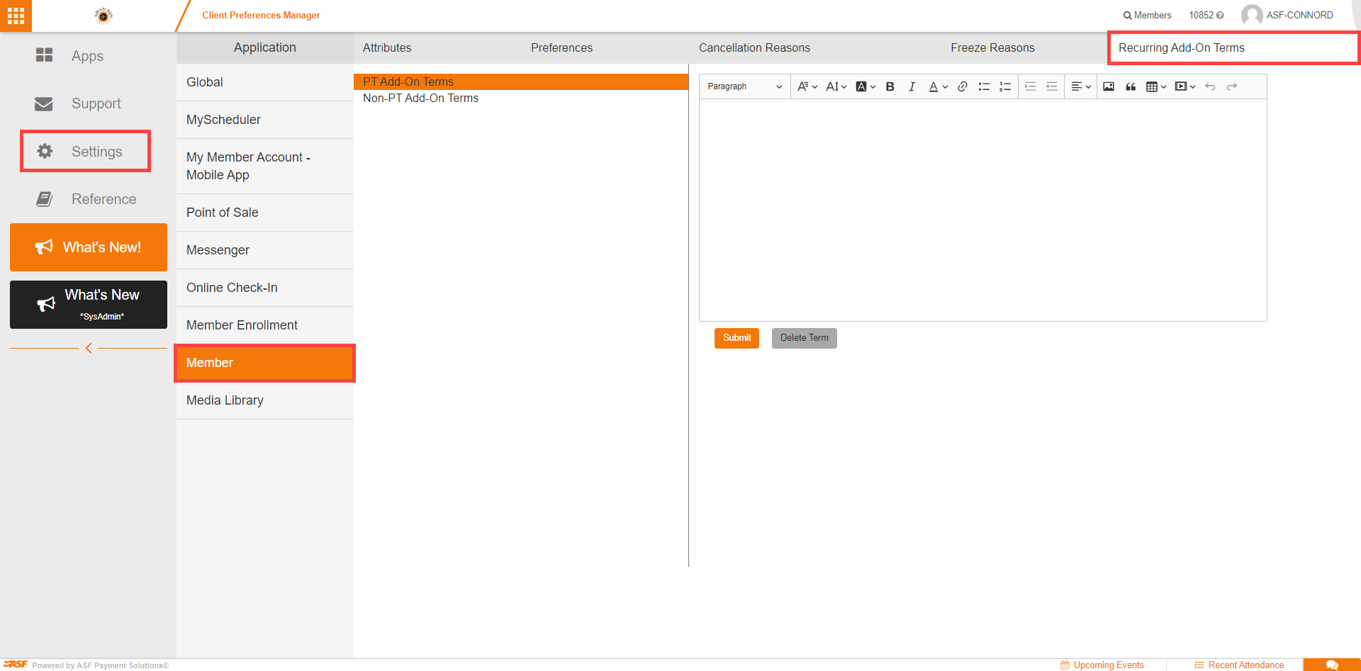 Member section of Client Preferences with Recurring Add-on Terms settings location.