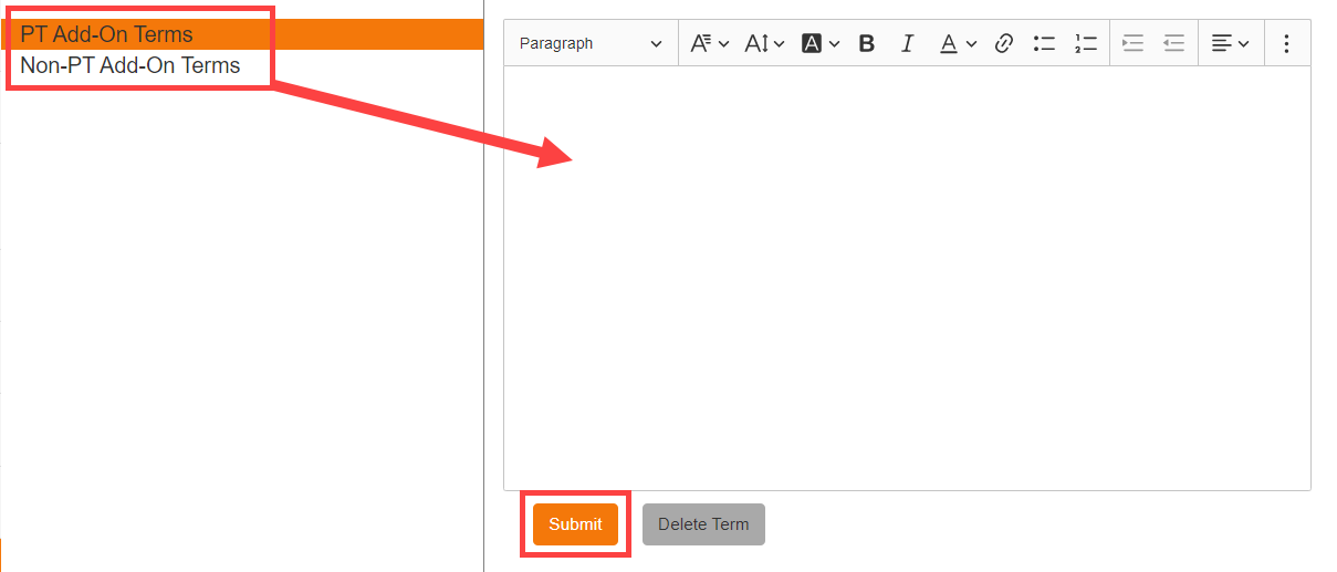Terms entry form for manually typing or pasting terms, with Submit and Delete Term controls.