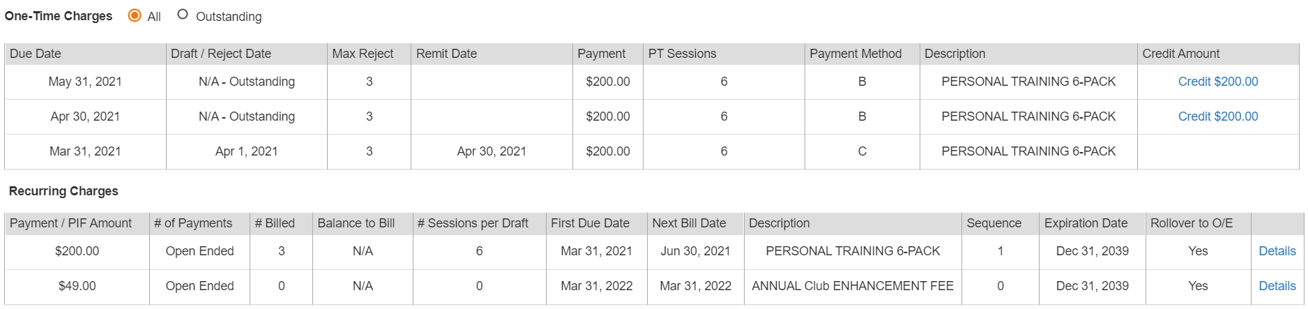 View add-ons screen split into a top panel of due and past-due charges and a bottom panel of recurring add-ons with payment counts.