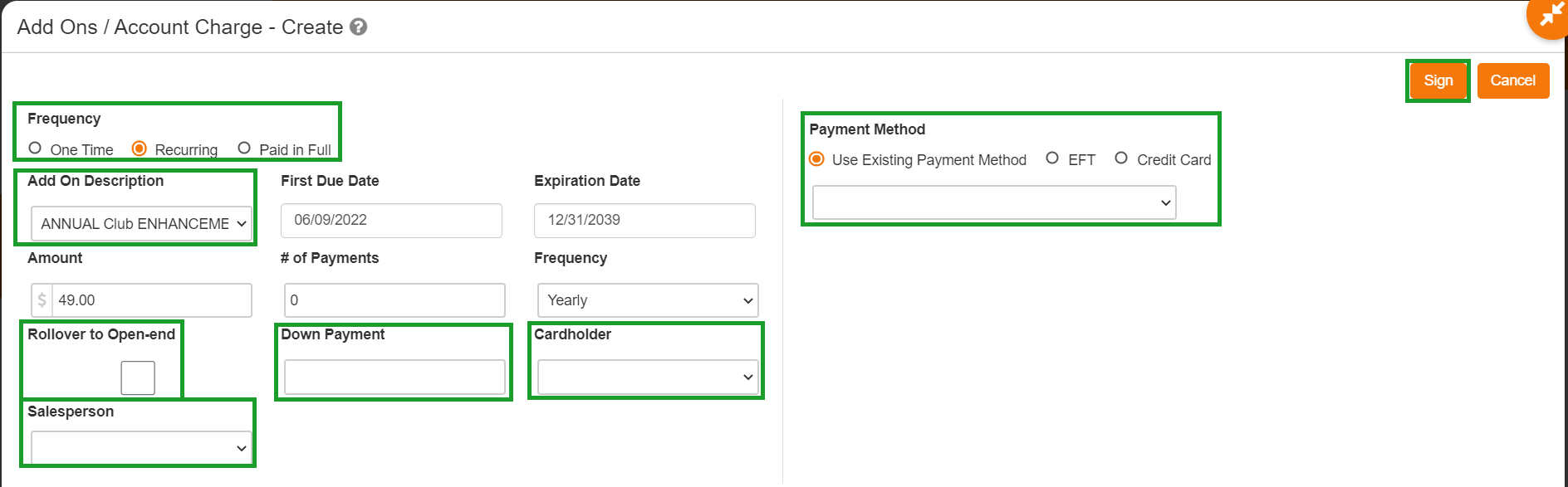 Create Add-on form continued with Cardholder, Salesperson, payment method, and Sign action.