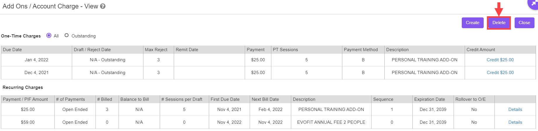 Delete mode interface with selection checkboxes next to each add-on or account charge.