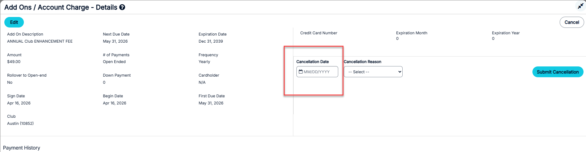 Add-on cancellation form with the Cancellation Date field active.