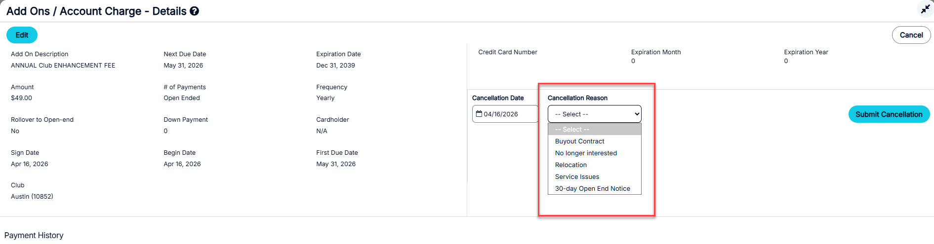 Cancellation Reason dropdown expanded on the add-on cancellation form.