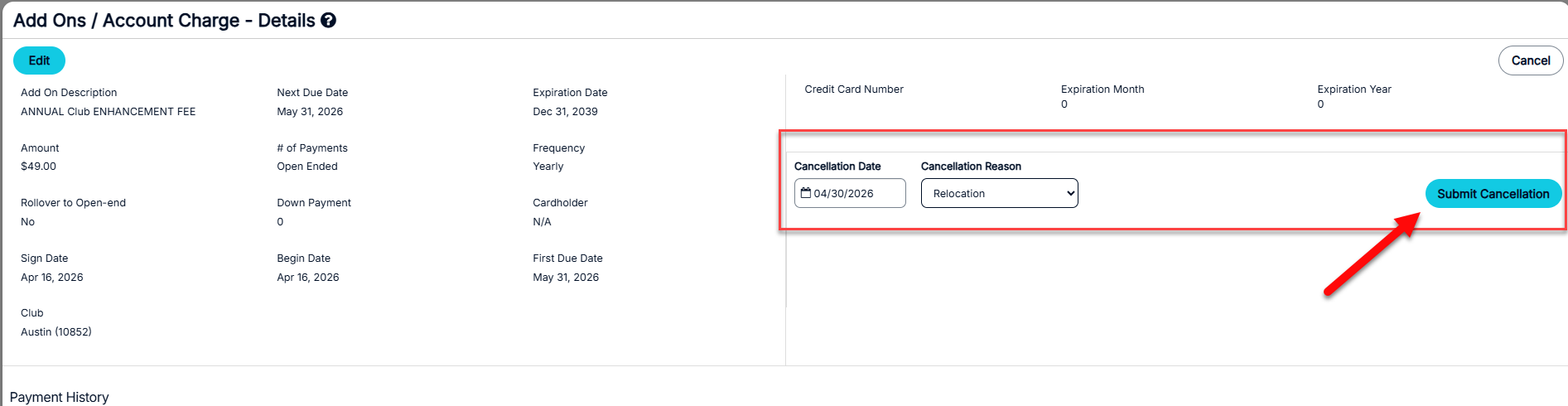 Submit Cancellation button visible on the add-on cancellation form.