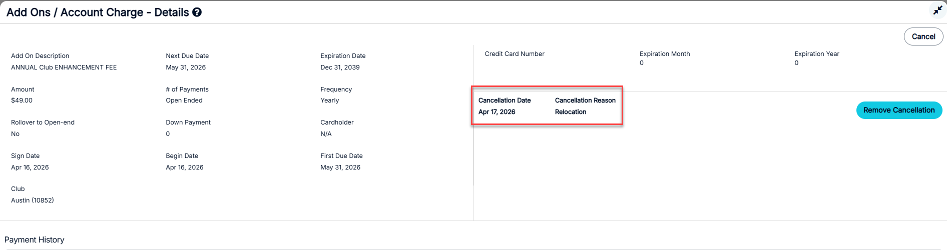 Add-on detail view showing the pending cancellation banner with date and reason.