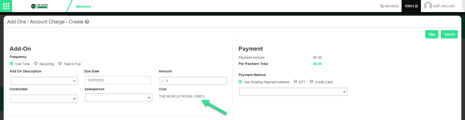 Add-on form showing the Club field confirming the club the add-on is associated with.