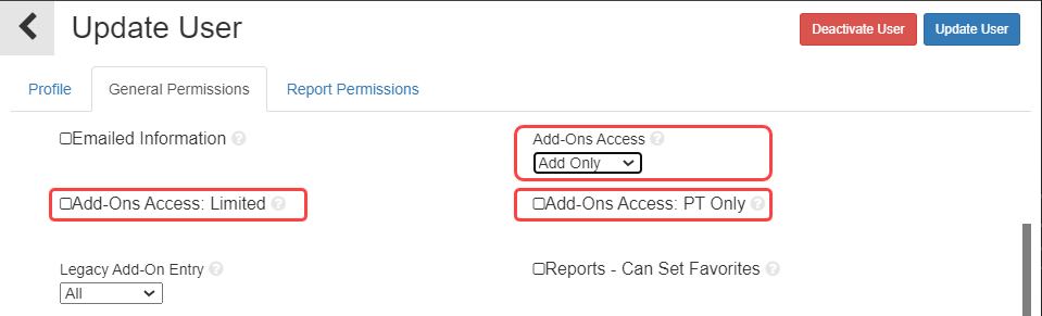 User permissions reference table for add-on management showing View, Add, Edit, Delete, Credit, and Cancel columns by permission level.