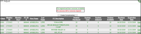 Session bucket Edit form showing fields for Member Seq number, Sessions Adjusted, and Expiration Date with an Update button at the bottom