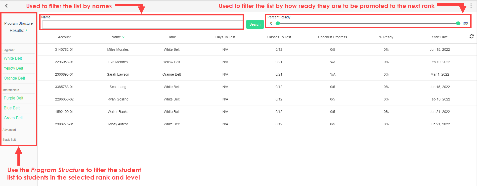 Belt Tracker Dashboard showing the full student list with rank filter sidebar, name filter, and percent-ready slider