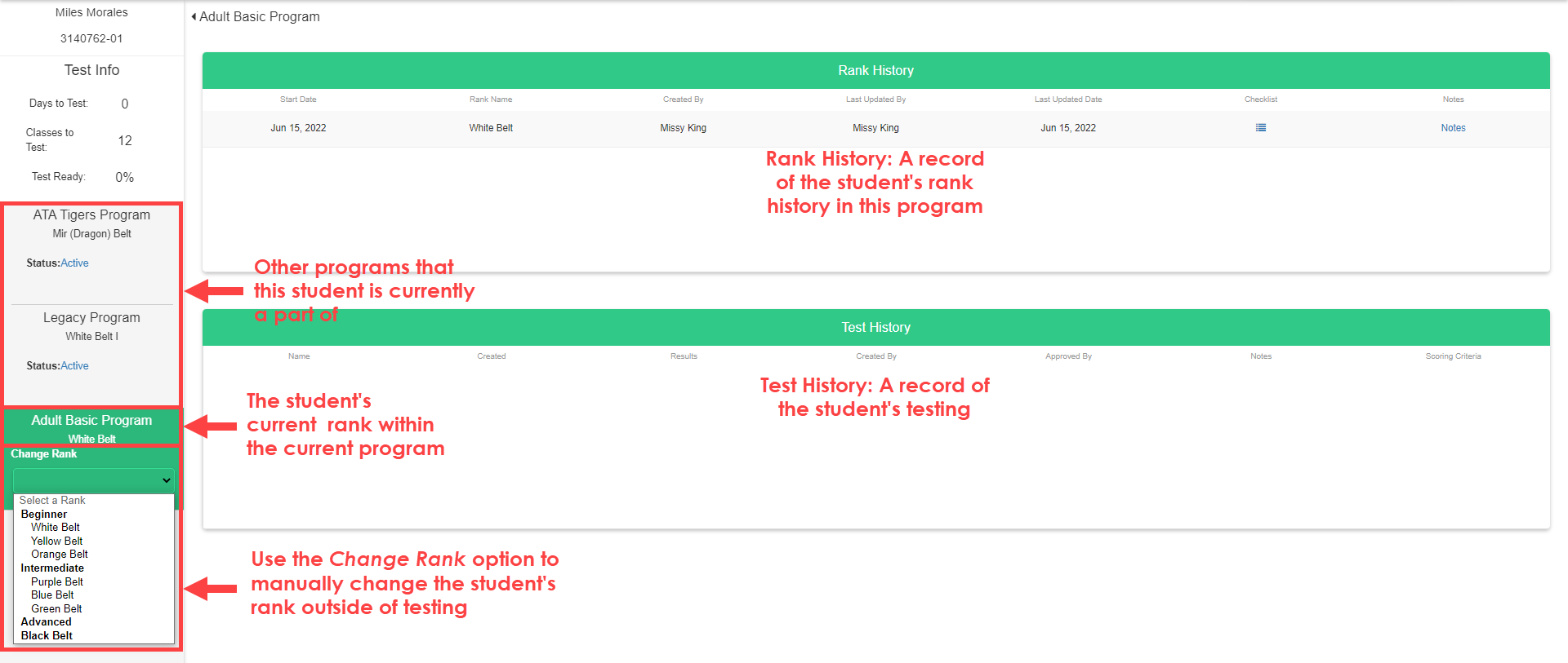 Belt Tracker Student Profile page showing rank history, test eligibility status, and checklist items for a selected student