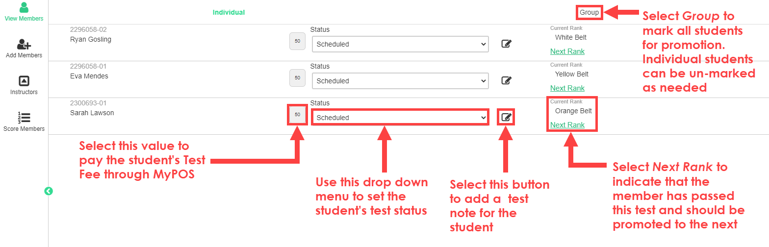 Belt Tracker Tests View Members screen showing the list of students enrolled in the current test