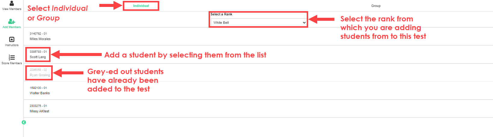 Belt Tracker Add Members screen for enrolling new students in a scheduled test