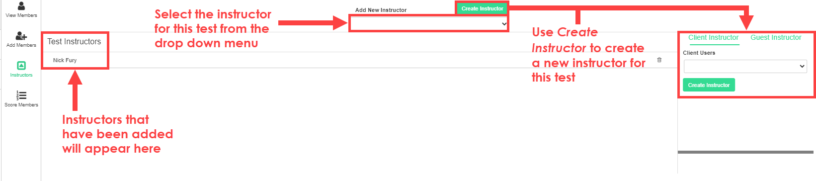 Belt Tracker Instructors screen for assigning instructors to a scheduled test