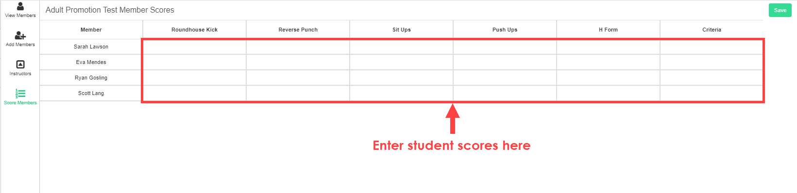Belt Tracker Score Members screen showing testing criteria fields for recording each student's performance scores