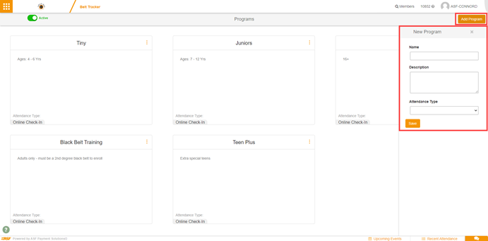 Belt Tracker Add Program screen with fields for program name, description, and attendance type selection
