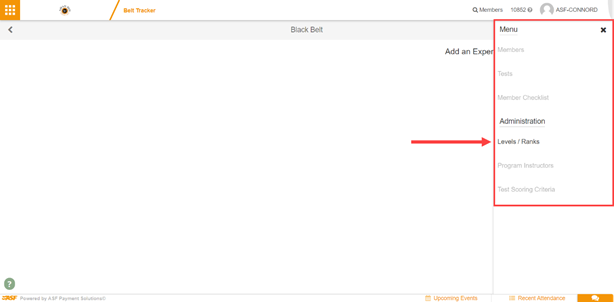 Belt Tracker Levels and Ranks administration screen showing the Add Experience Level button and existing levels list