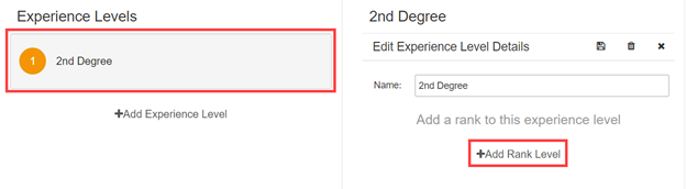 Belt Tracker rank configuration showing a completed rank with name and testing requirements saved