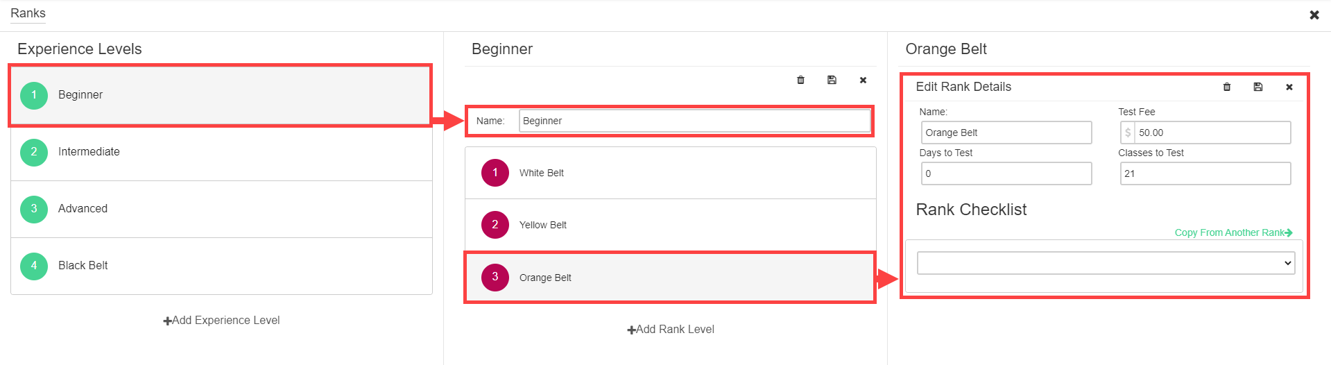 Belt Tracker Programs page showing a list of configured programs with names and attendance types