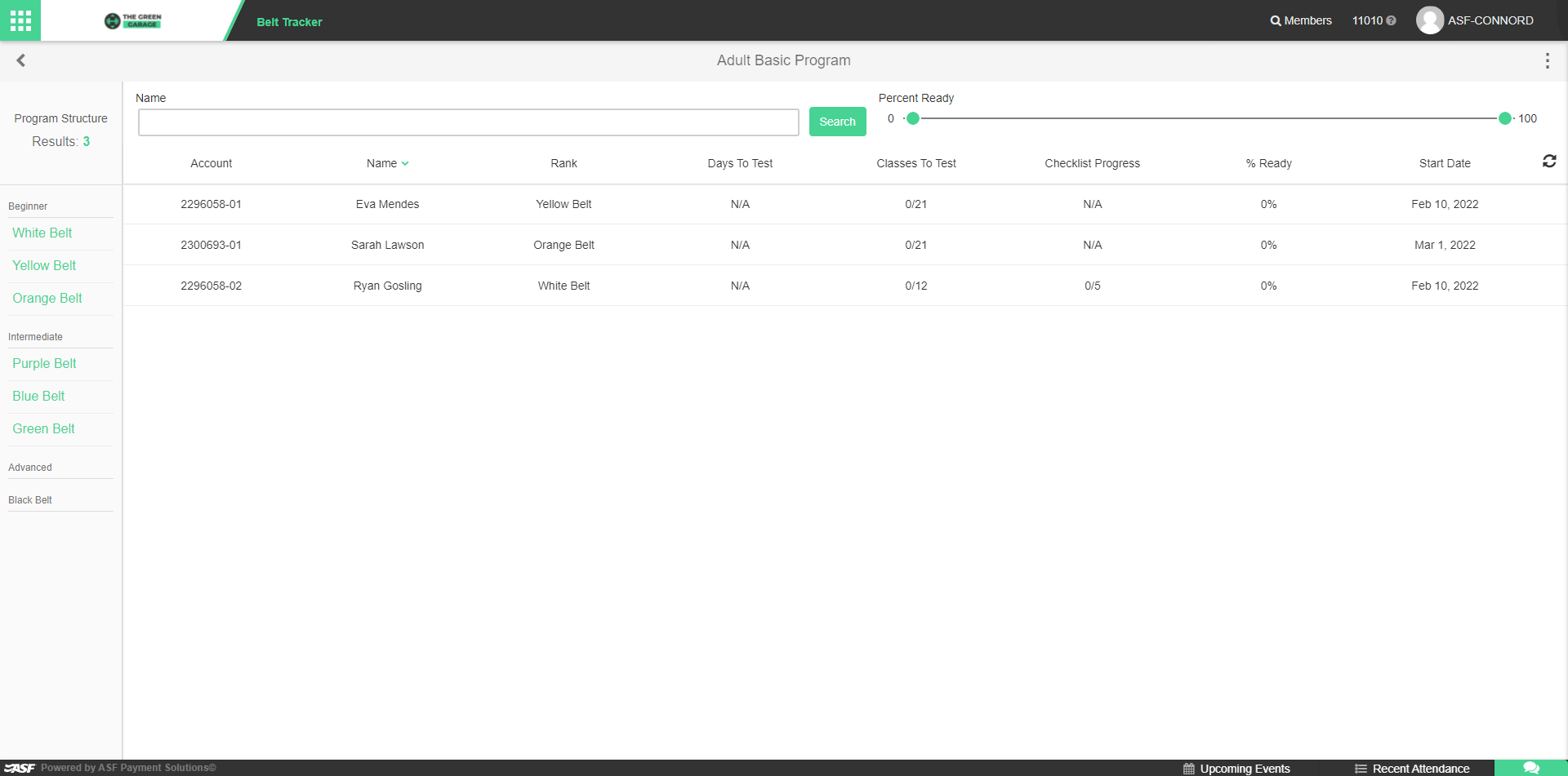 Belt Tracker Dashboard full view showing rank sidebar, student list with data columns, and filtering controls at the top