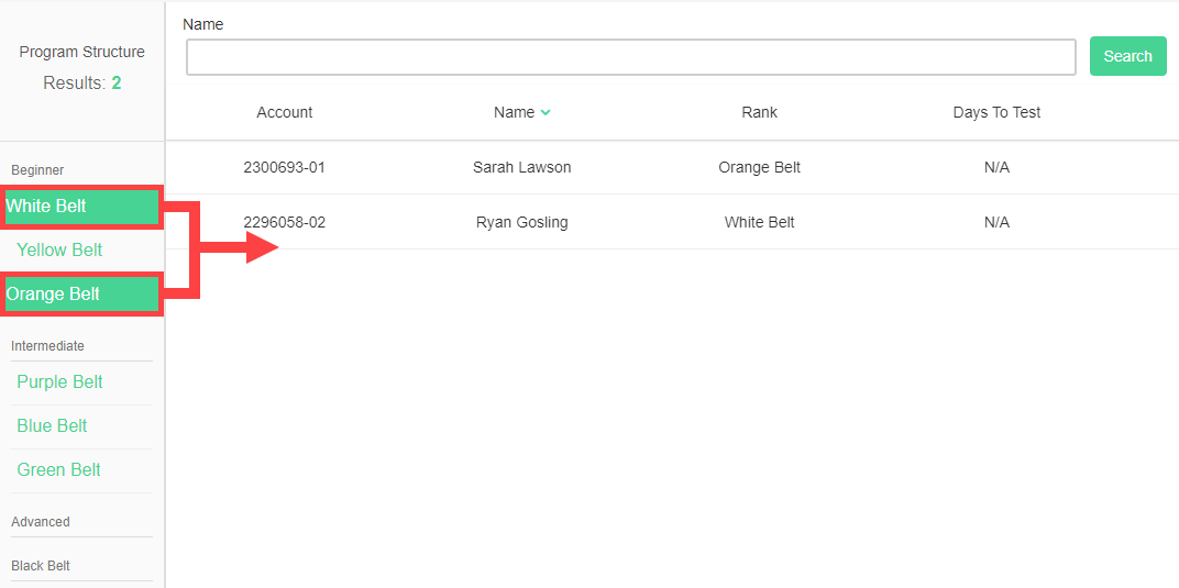 Belt Tracker Dashboard name filter field used to search and filter the student list by name
