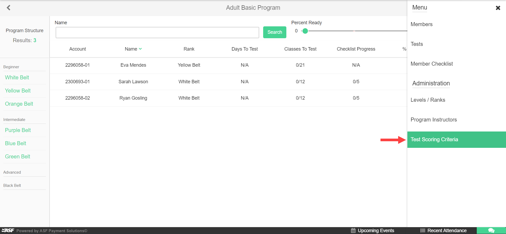 Belt Tracker Administration menu with Test Scoring Criteria option highlighted