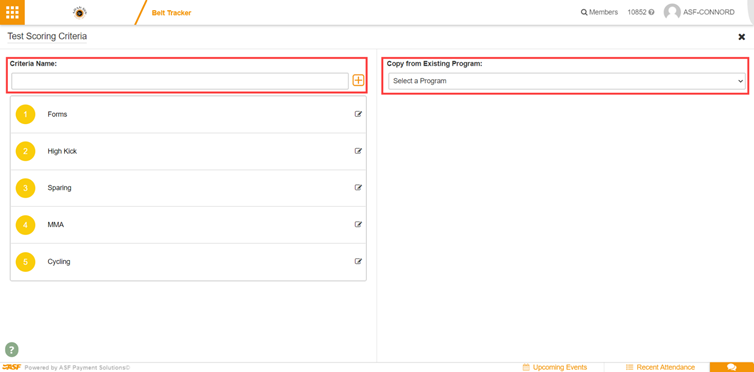 Belt Tracker Test Scoring Criteria screen showing the new criteria entry field on the left and the copy-from-program option on the right