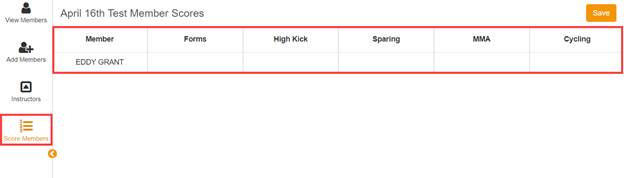 Belt Tracker Score Members section during a test showing each configured scoring criterion with editable fields per student