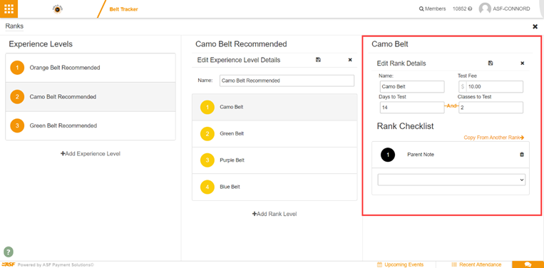 Belt Tracker Rank Checklist panel on the right side of the rank configuration screen showing copy, select, and add new options