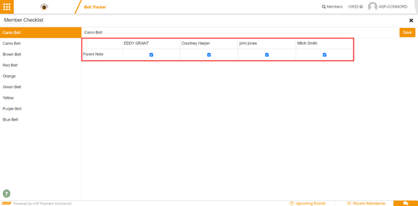 Belt Tracker rank checklist showing configured checklist items associated with a rank level