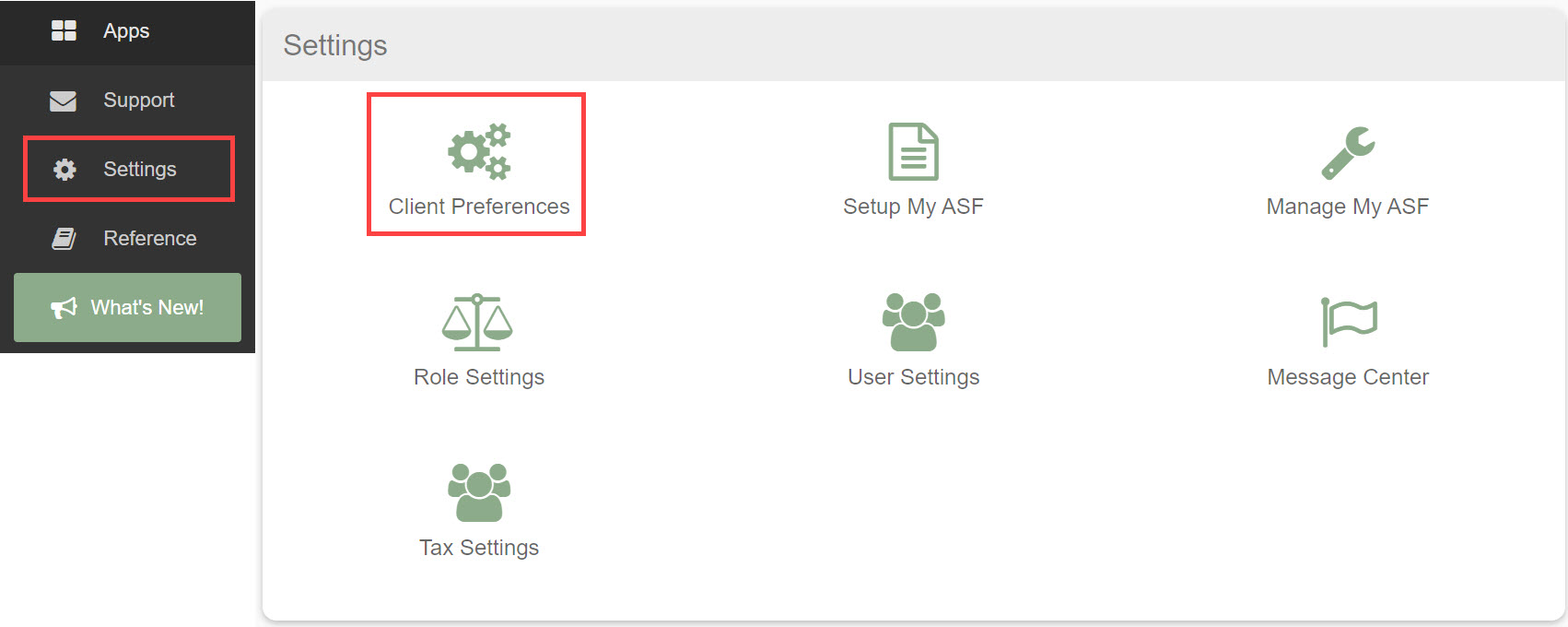 Settings menu showing Client Preferences as the entry point for site branding customization.