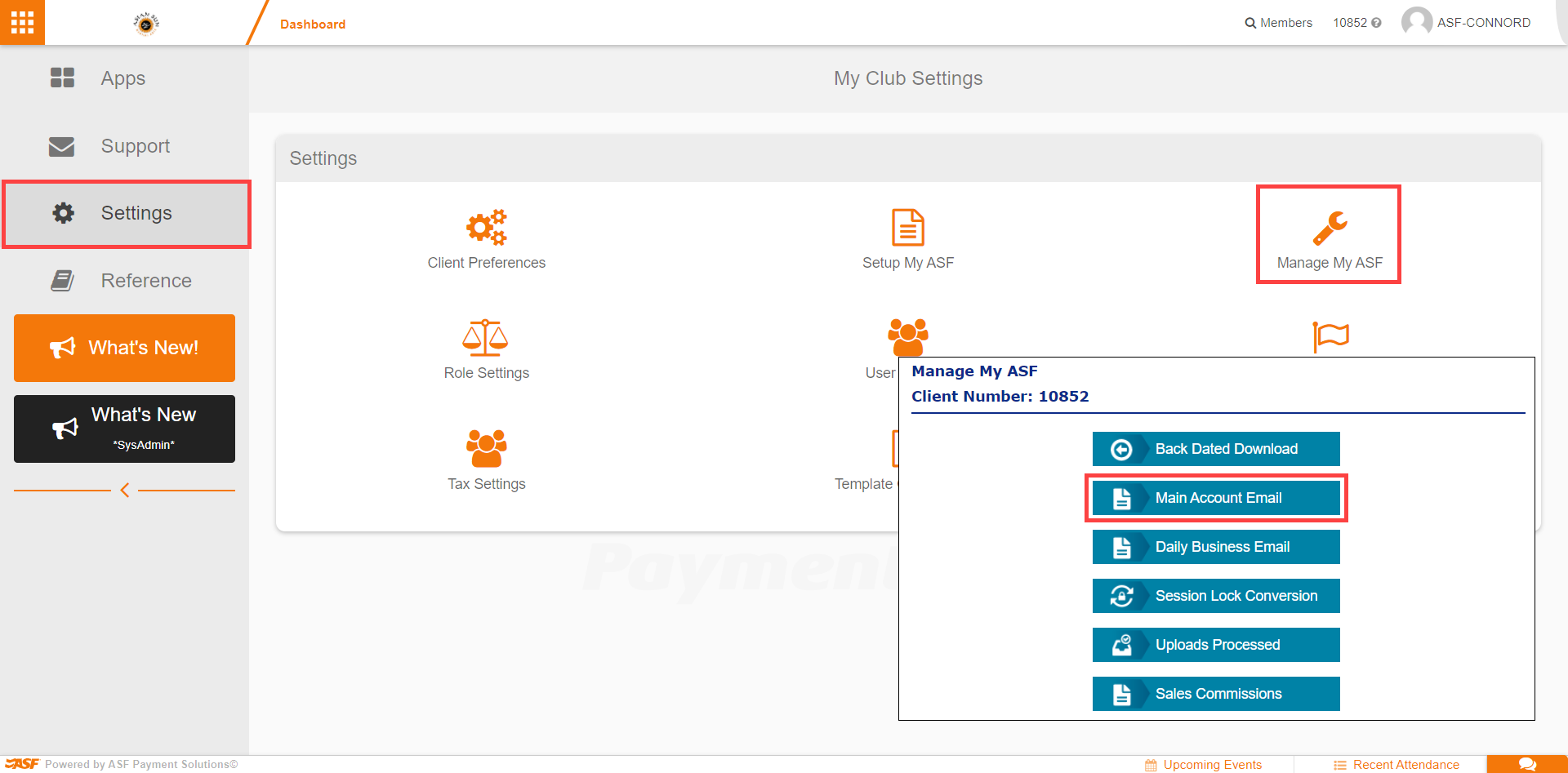 Manage My ASF interface where club administrators view and modify the main business email address.