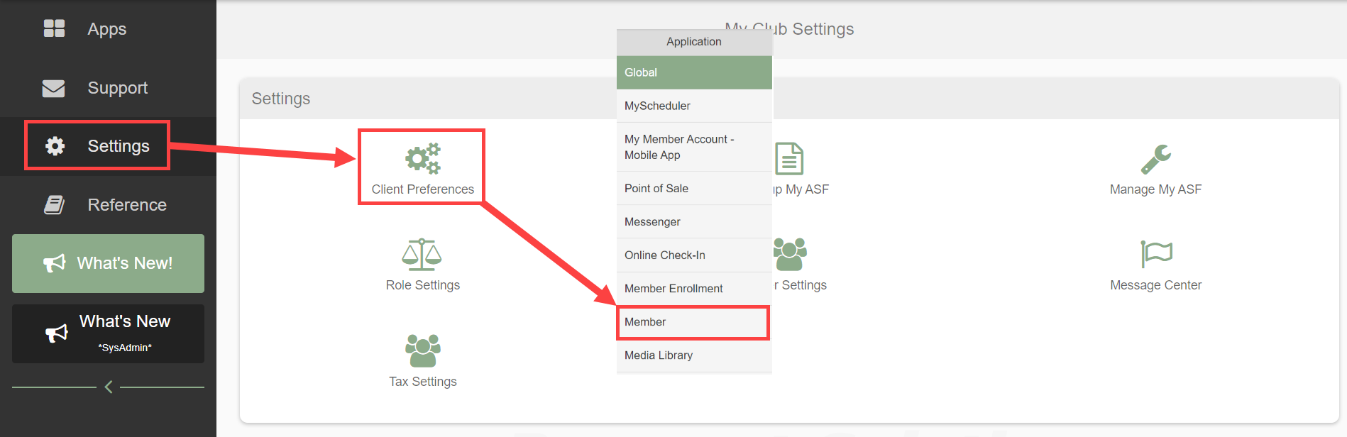 Settings, Client Preferences, Member tab path where Cancellation and Freeze Reasons live.