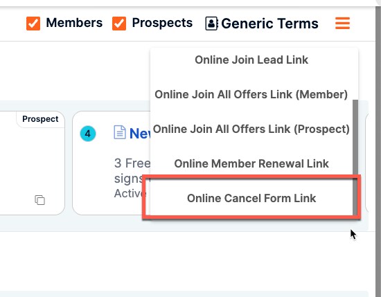 Offer builder dropdown menu open in the upper right corner showing the link to the cancellation form.