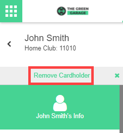 Left navigation panel of the cardholder screen with the Remove Cardholder option highlighted.