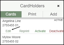 Cardholders tab with a cardholder selected and the Edit button available.