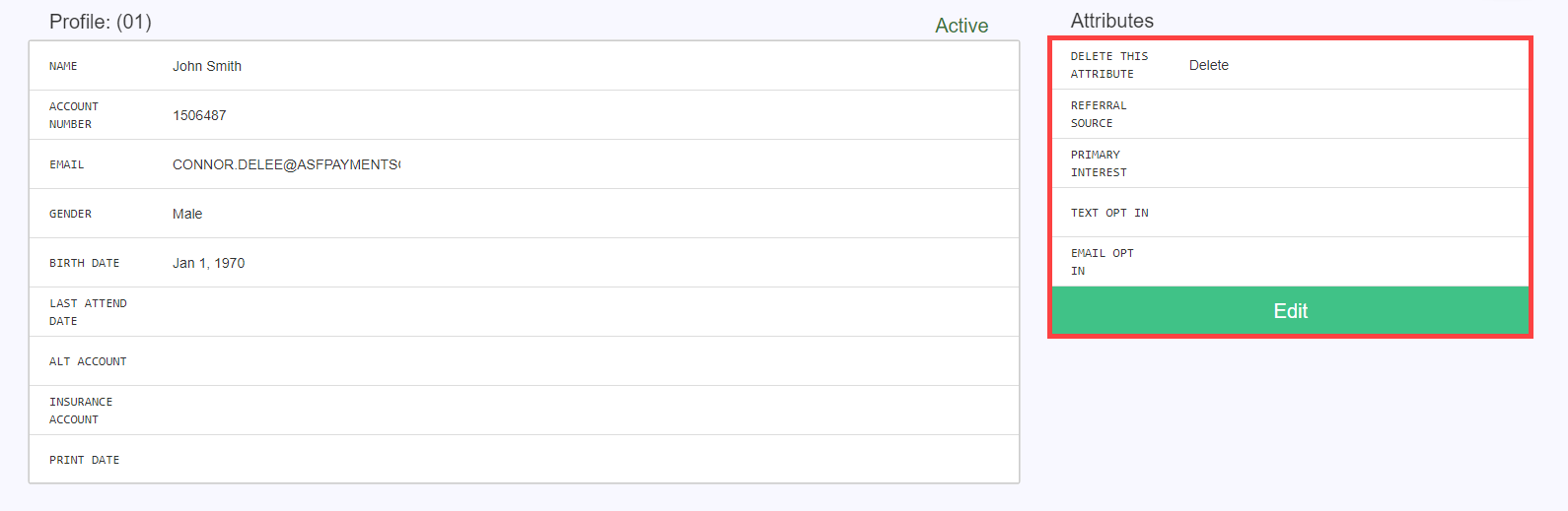 Attributes section of a cardholder edit screen with attribute values and an Edit control.