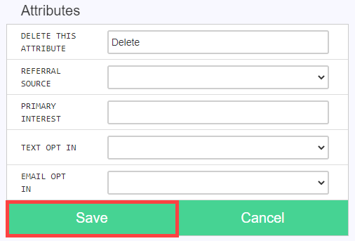 Attributes section in edit mode with Save and Cancel actions visible.