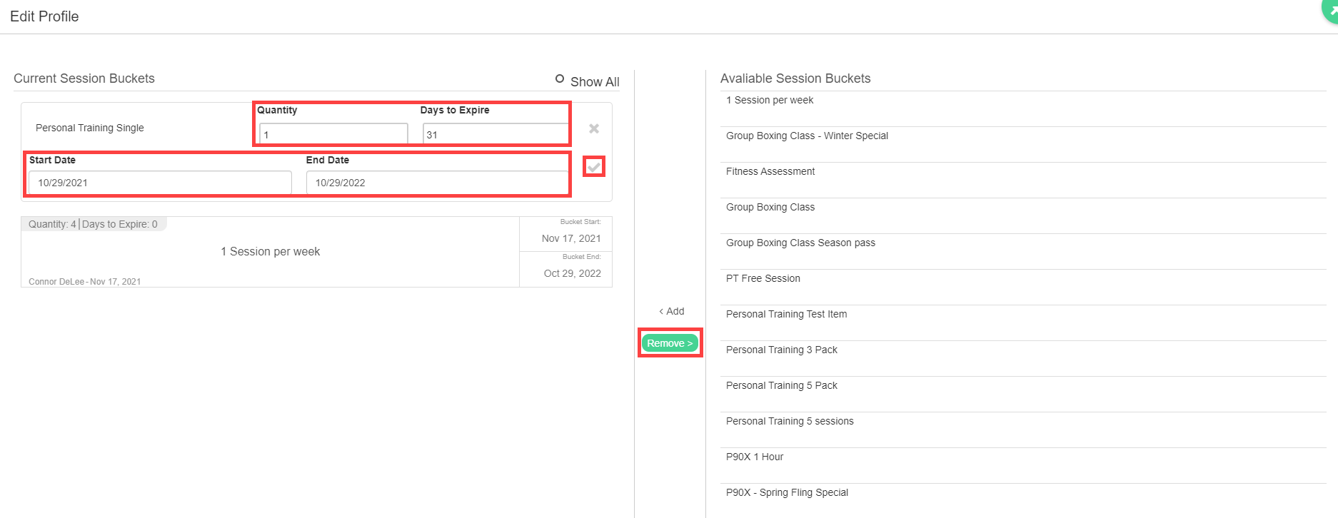 Sessions Per Payment editor with Current Session Buckets on the left and Available Session Buckets on the right.