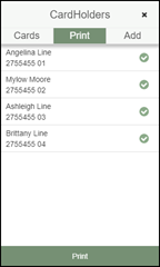 Print Temporary Membership Cards dialog with a list of cardholders and selection checkboxes.
