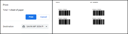 Temporary membership card print preview showing a cardholder barcode ready to print.