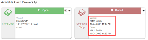Cash Drawer Maintenance screen showing active drawers with last open and close times.