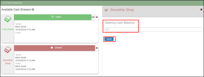 Open cash drawer form with opening amount field and Submit button.