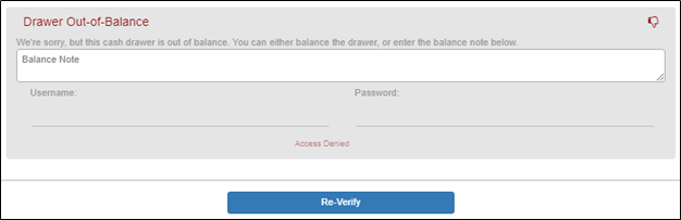 Cash drop form showing amount entry field with positive and negative value options.