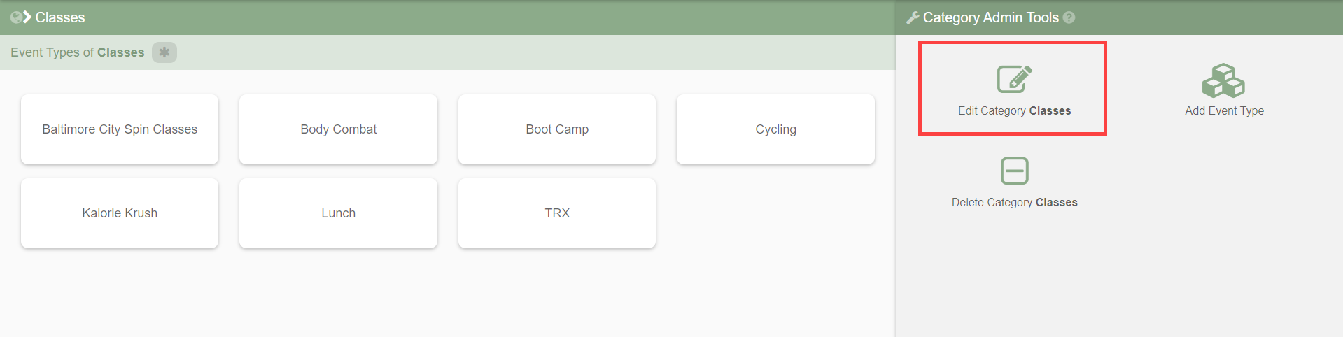 Event types list in Browse section showing multiple configured event types with their associated categories.