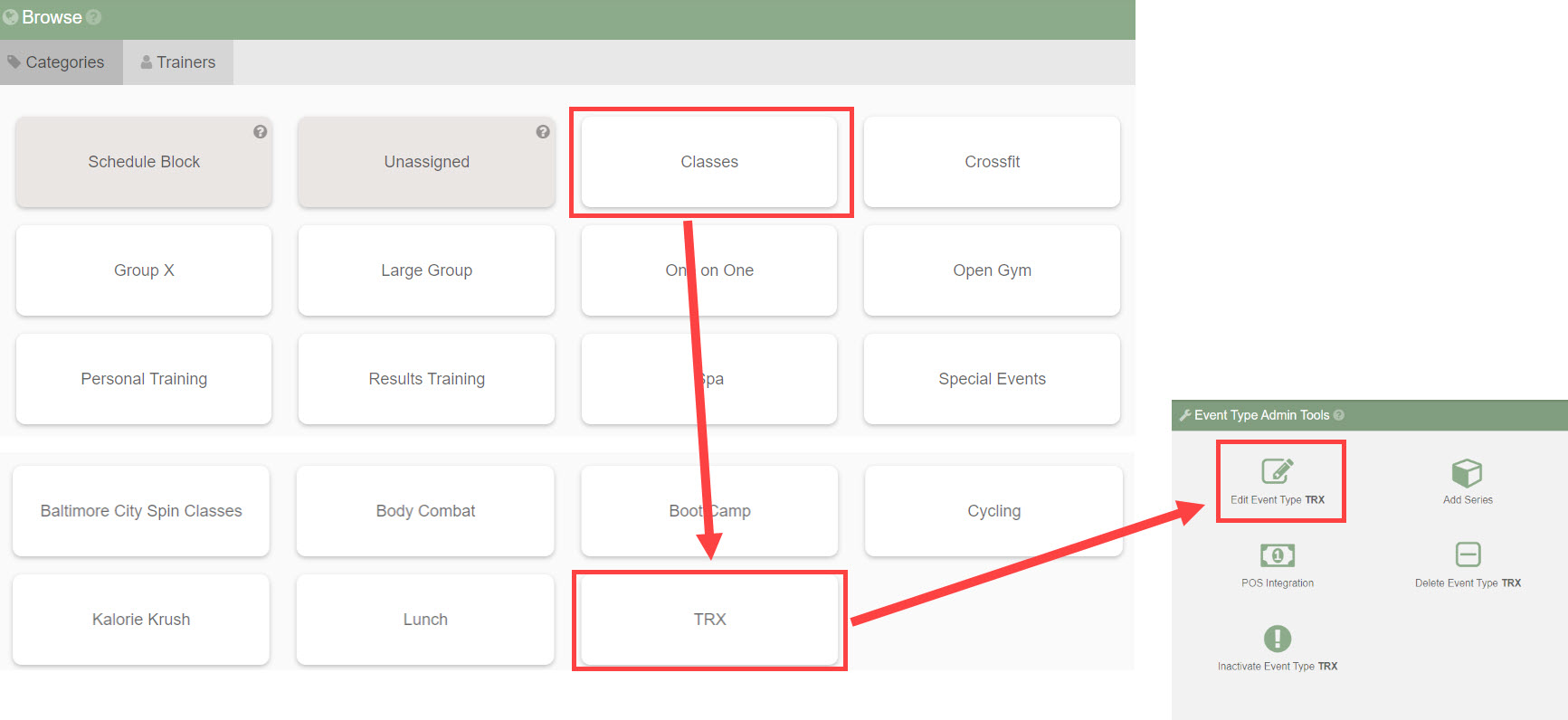 Edit event types screen in My Scheduler showing a list of event types with edit controls.