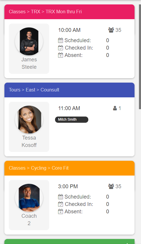 Online Check-In left sidebar showing a list of upcoming events for the day with scheduled member counts for each event