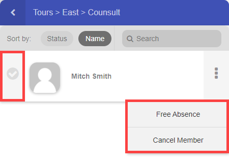 Expanded event view in Online Check-In showing a member roster with check-in, absent, and cancel action buttons next to each name
